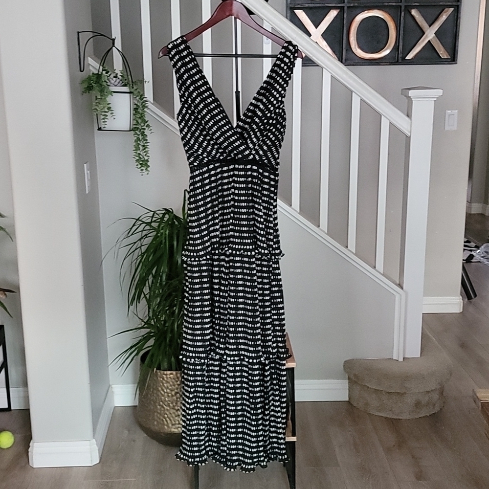 Lulus Do-Si-Do Pleated Tiered Midi Dress | Black Polka Dot Sleeveless | Size S - Picture 3 of 12